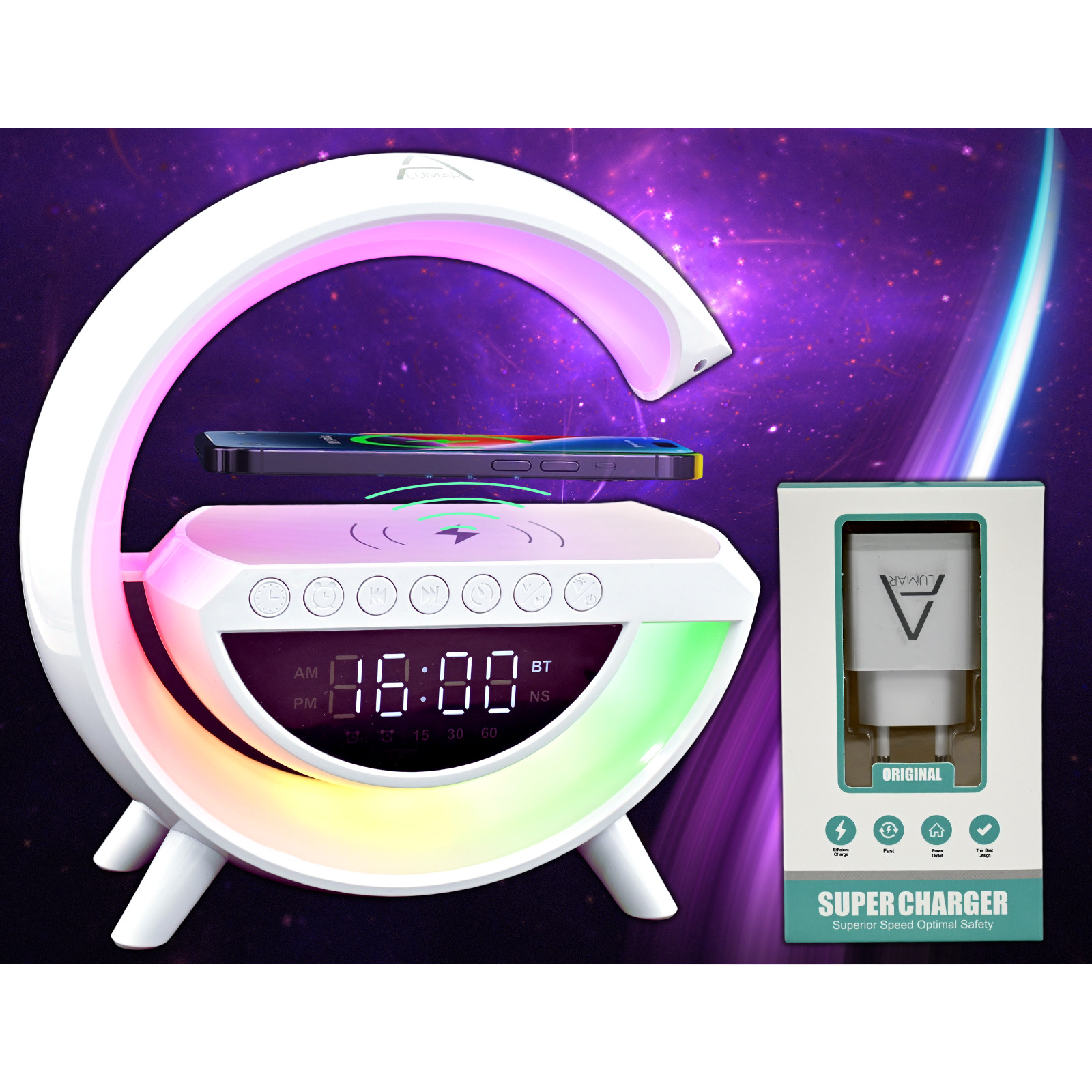 Lámpara LED RGB Inteligente 6 en 1 Grande, Bluetooth, Radio FM, Reloj, Carga 15W