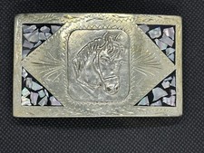 Vintage Silver Engraved Abalone Inlaid Horse Head Belt Buckle Mexico