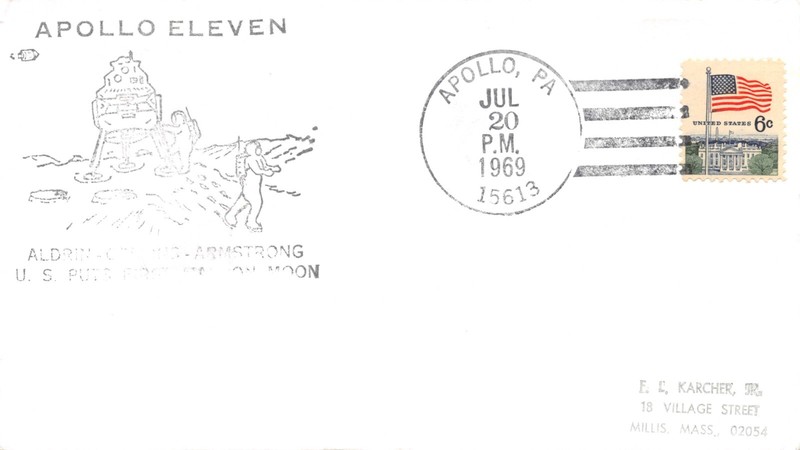 APOLLO 11  7/20/70 LANDING DAY, CACHET-  APOLLO, PA. CANCEL  6c WH FLAG SC#1338