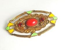 Vintage Art Deco Yellow Green Enamel Coral Center Stone Gold Tone Bar Pin/Brooch