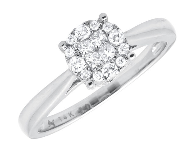 14K White Gold Princess-Cut Invisible-Set Diamond Engagement Wedding Ring .25ct