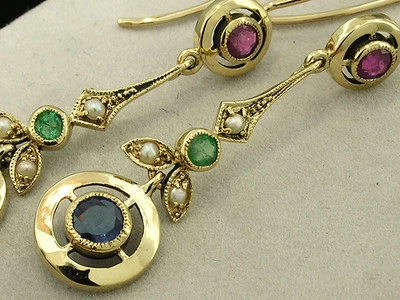 E132 Genuine 9K 9ct Solid Gold NATURAL Sapphire Ruby Emerald EARRINGS Colorful - Image 1 of 4