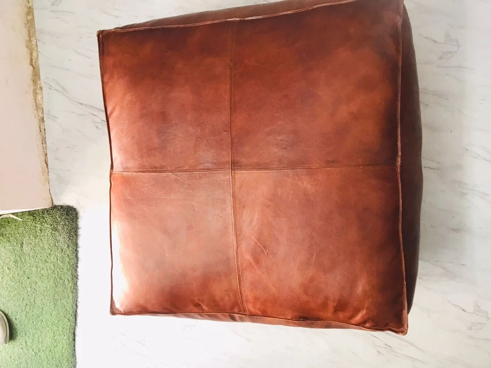 Moroccan Handmade Ottoman Pouf New Brown Decorative Footrest Leather Pouffe - Image 3 of 4