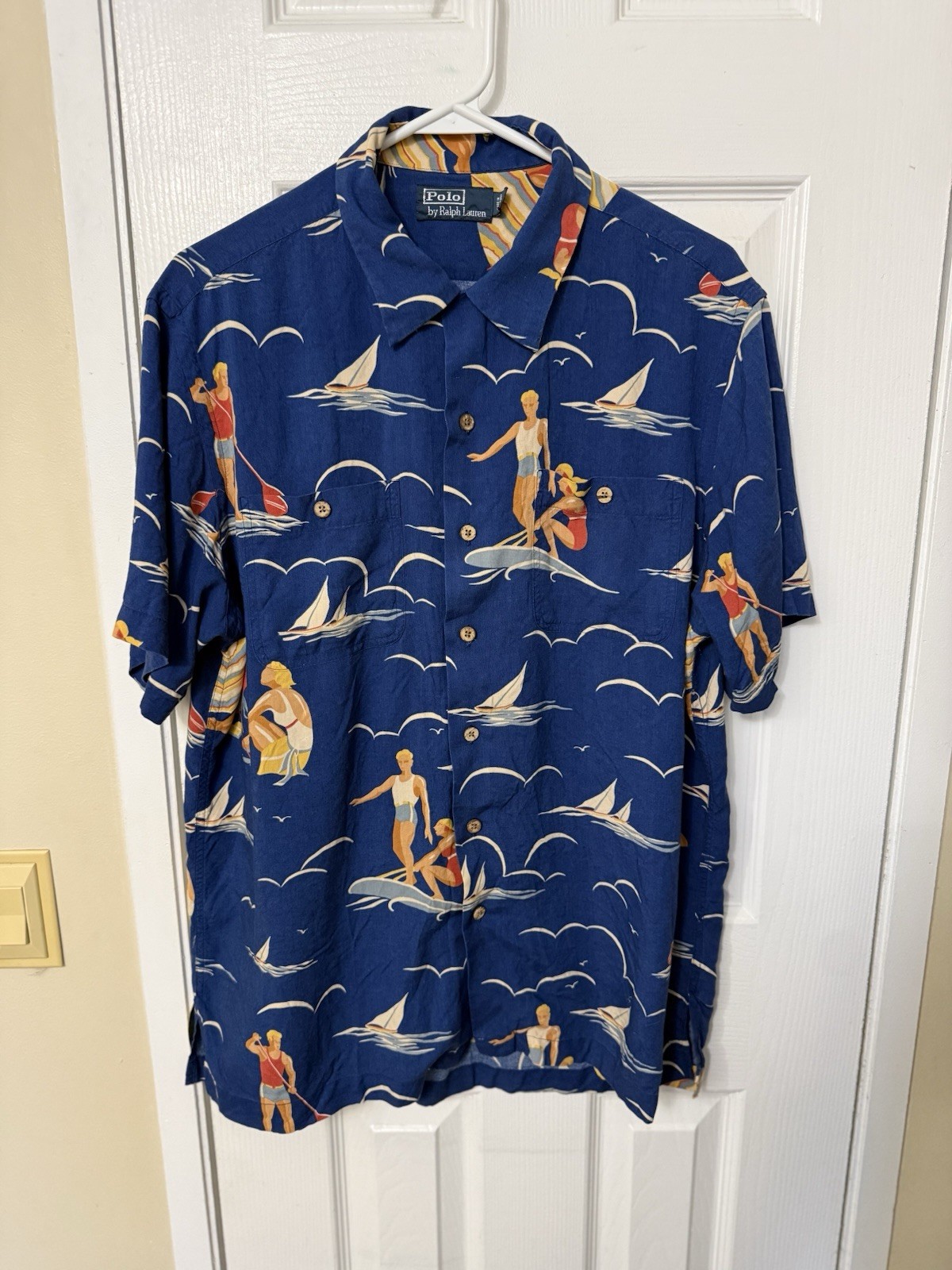 Vintage Polo Ralph Lauren Hawaiian Pinup Shirt Surfer & Sailboat Rayon Large
