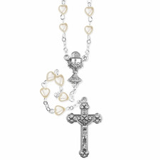 First Communion Heart Bead Rosary Necklace, Ivory Heart Catholic Prayer Beads wi