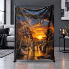 Spotted Cat Giraffe Zebras Elephant Sunset Waterhole Coral Fleece Blanket