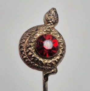 Authentic Vintage Retro Yellow Gold Plated Tin Red Euro Cut Paste Snake Serpent Stick Pin