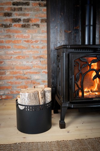 Kosz na drewno kominkowe 33 x 26 cm metal czarny malowany proszkowo belka drewniana ze wzorem - Zdjęcie 13 z 19