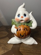 Rare Ceramic Light Up Ghost Pumpkin Halloween Decor Lamp handpainted no light