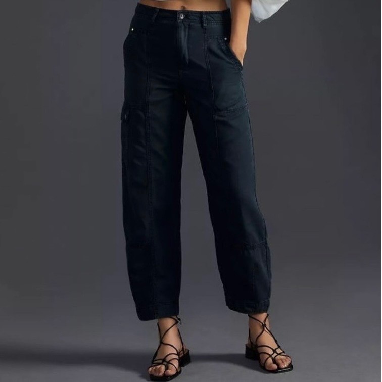 Anthropologie Barrel Leg Cargo Pants Size 4 Ankle Black Blue High Rise Organic
