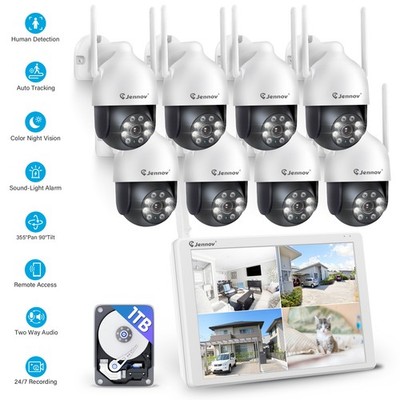 JENNOV 10''LCD 10CH 5MP NVR WiFi IP Outdoor Wireless Security Camera System CCTV