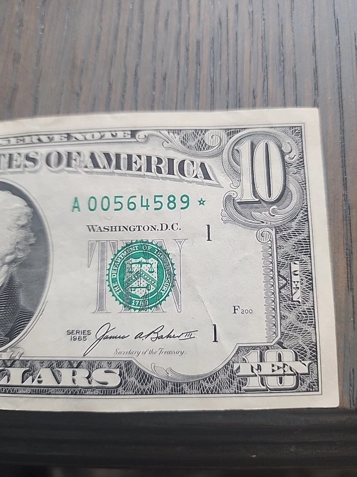 1985 10 Dollar Bill Star Note, Low Serial Number A 00564589* - Image 2 of 4