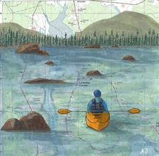 8x8 Original Acrylic Painting on Wood Panel over Map. Kayak Acadia National Park