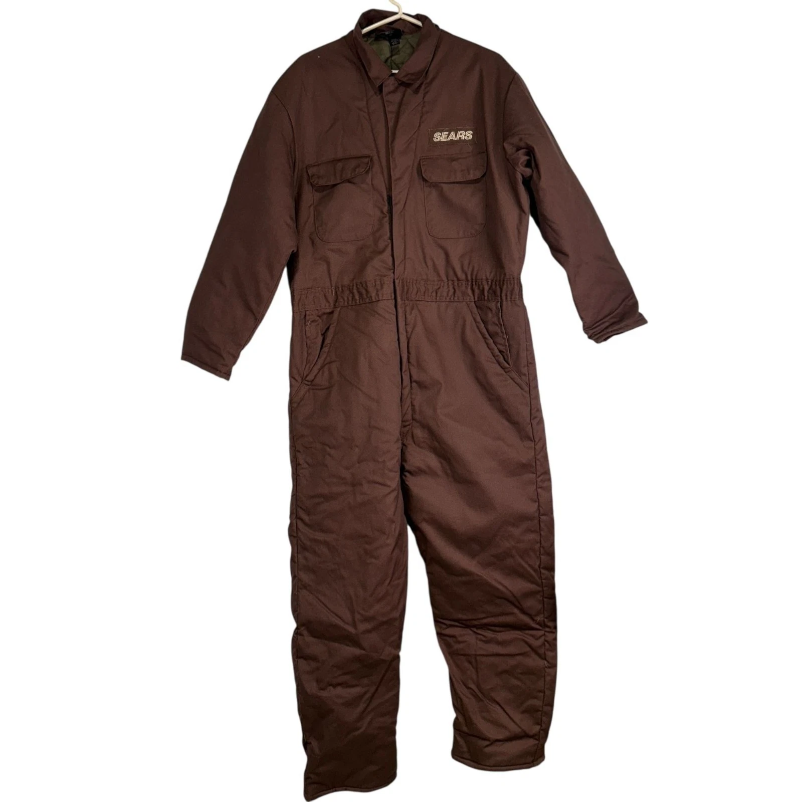 Vintage Sears Workwear Brown Insulated Coveralls Size L Nylon Polyester 80's