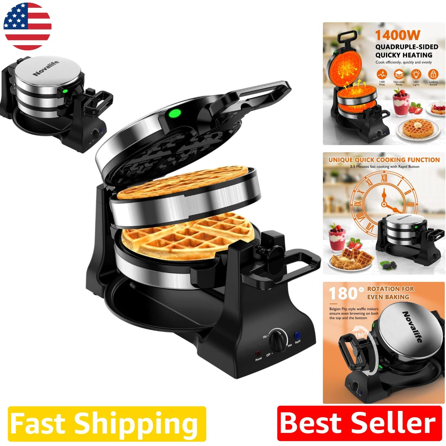 Fast 1400W Waffle Maker, Double Belgian, 180° Flip, Nonstick, Stainless Steel