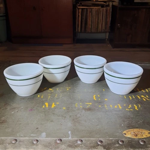 Vintage Pyrex Tableware By Corning USA #714 Green Banded Milk Glass Custard Cups
