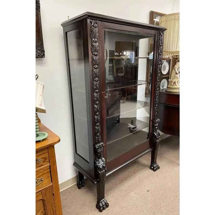 Vitrina antigua de nogal acabada, incrustación de burl, tallada a mano + vidrio soplado Foto 4 de 4