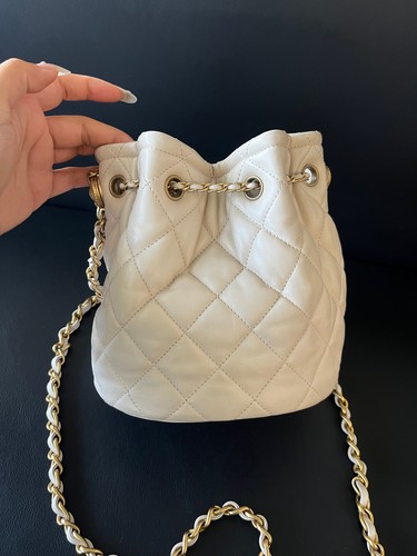 Chanel Coin Drawstring Mini Bucket Bag Off-white Lambskin Top Handle Crossbody D