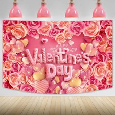 Pink Valentines Day Backdrop 6x3.6ft Rose Flowers Love Heart Glitter Prop