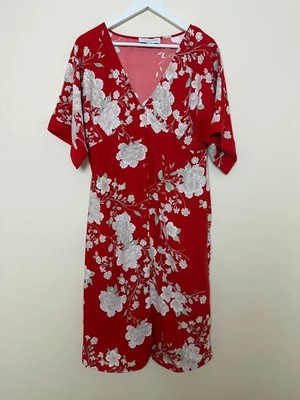 Truth & Fable Dress XL Red Floral Kimono V Neck Button Up Midi Boho Holiday