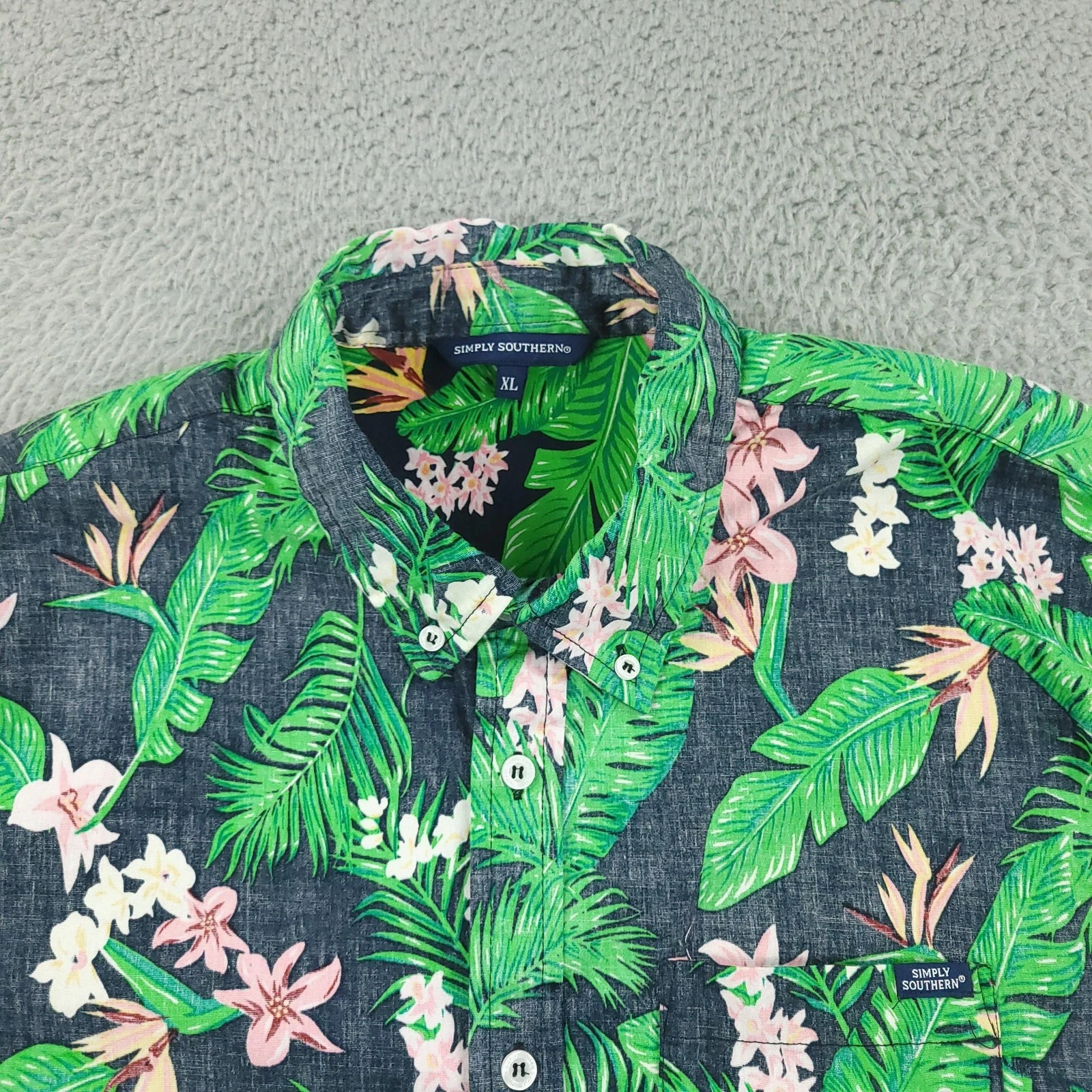 Simply Southern Shirt Mens XL Blue Tropical Floral Hawaiian Aloha Short Sleeve