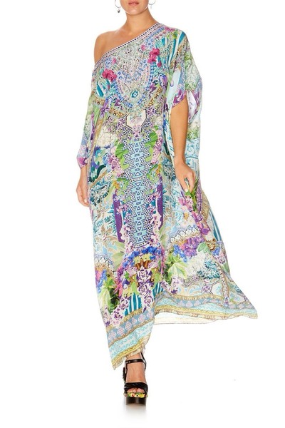 CAMILLA -O/S-SALVADOR FIELDS FOREVER ROUND NECK SILK LONG MAXI KAFTAN DRESS
