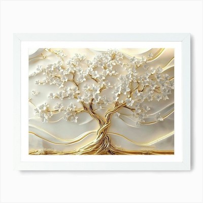 3d Art Golden Tree Life With White  Framed Wall Art Poster Canvas Print Picture