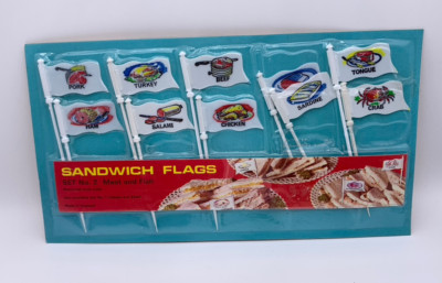 Vintage Sandwich Flaggen Kitsch Retro Etiketten Sticks 60er versiegelt Fleisch & Fisch Set 2