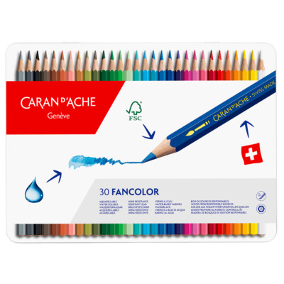 Caran d'Ache Fancolor 30 wasserlösliche Farbstifte Künstler Skizzieren Dose Set
