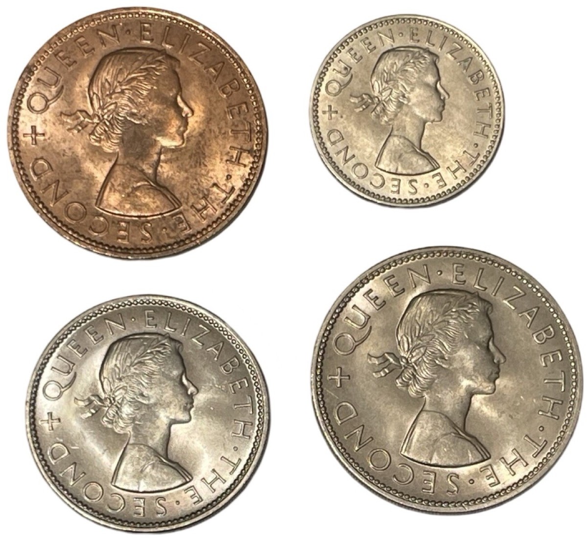 1963 New Zealand Penny Shilling Florin Half Crown Elizabeth Coin