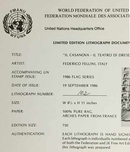 Lithograph Hand Signed FEDERICO FELLINI United Nation 1986 Flag Series (112/750) - Picture 4 of 6