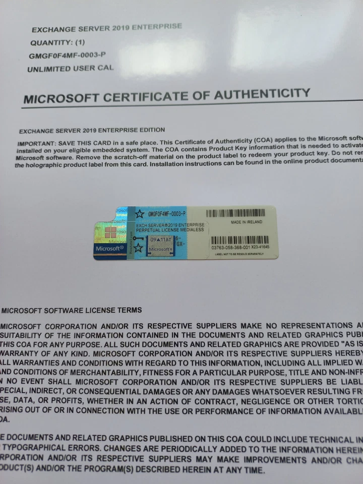 Microsoft Exchange Server 2019 ENTERPRISE w 1000 CAL CoA GMGF0F4MF AUTHENTIC - Image 2 of 4