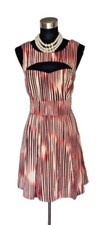Guess Los Angeles Dress 8 Black Red Beige Fit Flare Pleated Key Hole Stripe M 