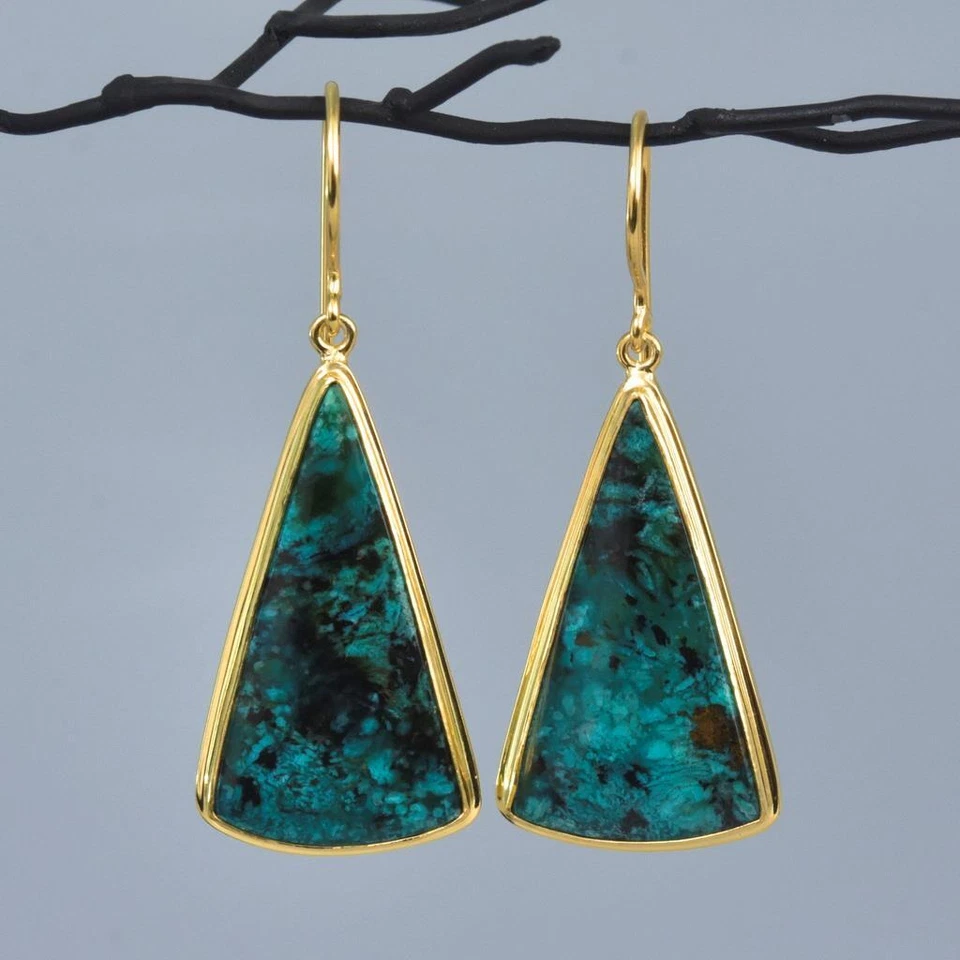 Pendientes Oro 18K Vermeil Plata de Ley Gema Sílice Crisocola Cabujón 7,35 g Foto 4 de 4