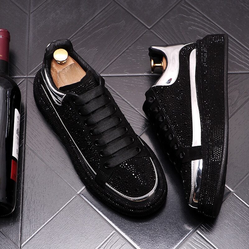 New Men Charm Rhinestones Thick Bottom Casual Vulcanization Sneakers Black Shoes