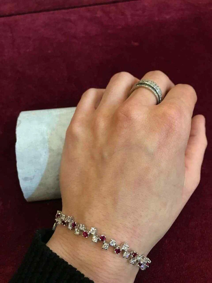 Classic Round Cut Red Ruby & White CZ 935 Silver Women's Awesome Tennis Bracelet - Image 2 of 4