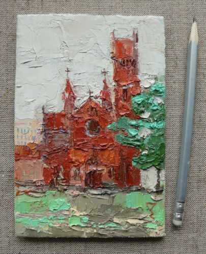 Oil Painting Original Old City Сhurch Cityscape Impasto Miniature Handmade 4"х6" - Picture 1 of 8
