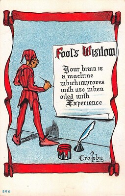 Comic Old Postcard of Jester Painting Sign With Fool's Wisdom Signed P. Crosby