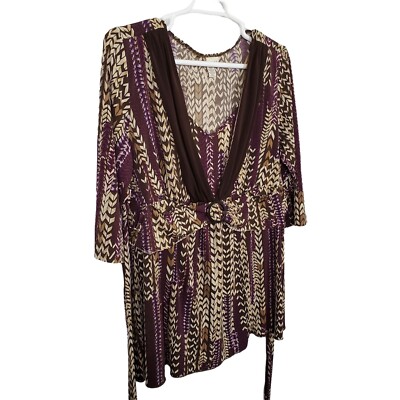 Venezia Size 22 24 Shirt Layered Stretch Jersey Tunic Tie Belt Boho Braid Print