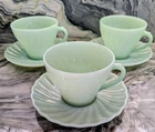 Anchor Hocking Fire-King Jadeite Cups & Saucers Set of 3 Shell Swirl Mid-Century