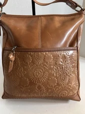 The Sak Iris Brown Leather Floral Embossed Crossbody Shoulder Bag Purse EUC