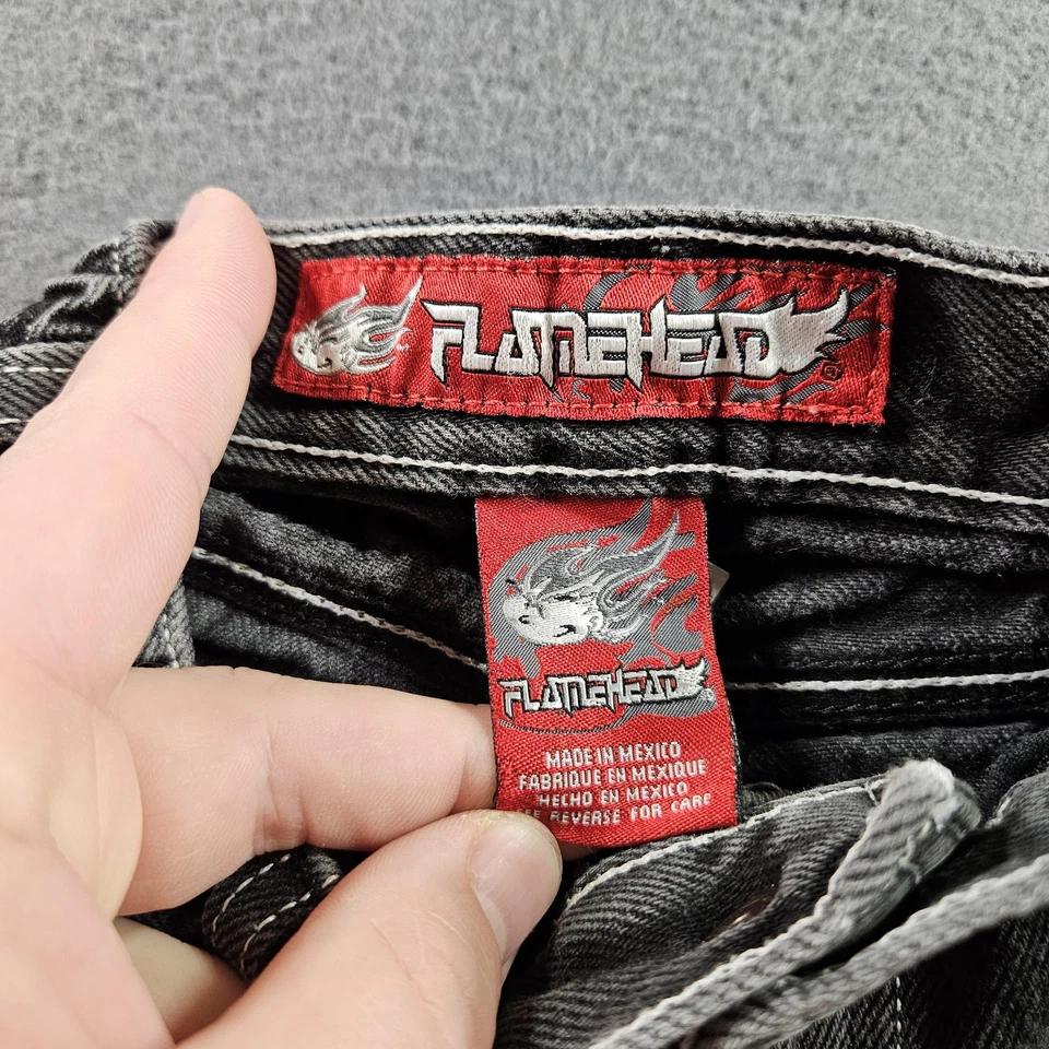 Pantalones Cortos Vintage Flamehead JNCO Niños Talla 7 Negro Denim Gamer Bordado Logo Y2K Foto 3 de 4