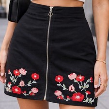 Black Floral Embroidered Detailing Exposed Front Zipper A Line Mini Skirt Lined