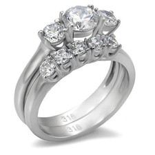 Women's Ring Set, Clear CZ, Stainless Steel, Wedding, Engagement, Three-Stone