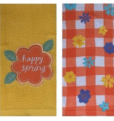 Happy Spring Celebrate Easter Yellow Floral Embroidered Kitchen Cotton Towels