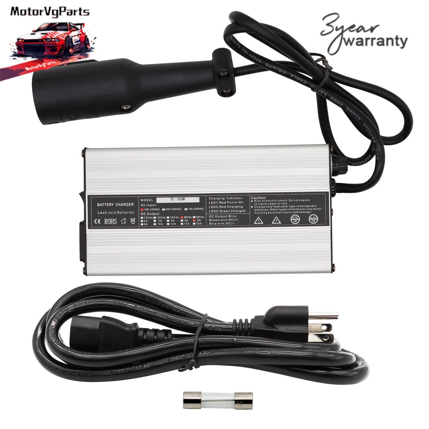 Cart 48 Volt Battery Charger 48v 6 Amps Snap Head 3 Pin Plug