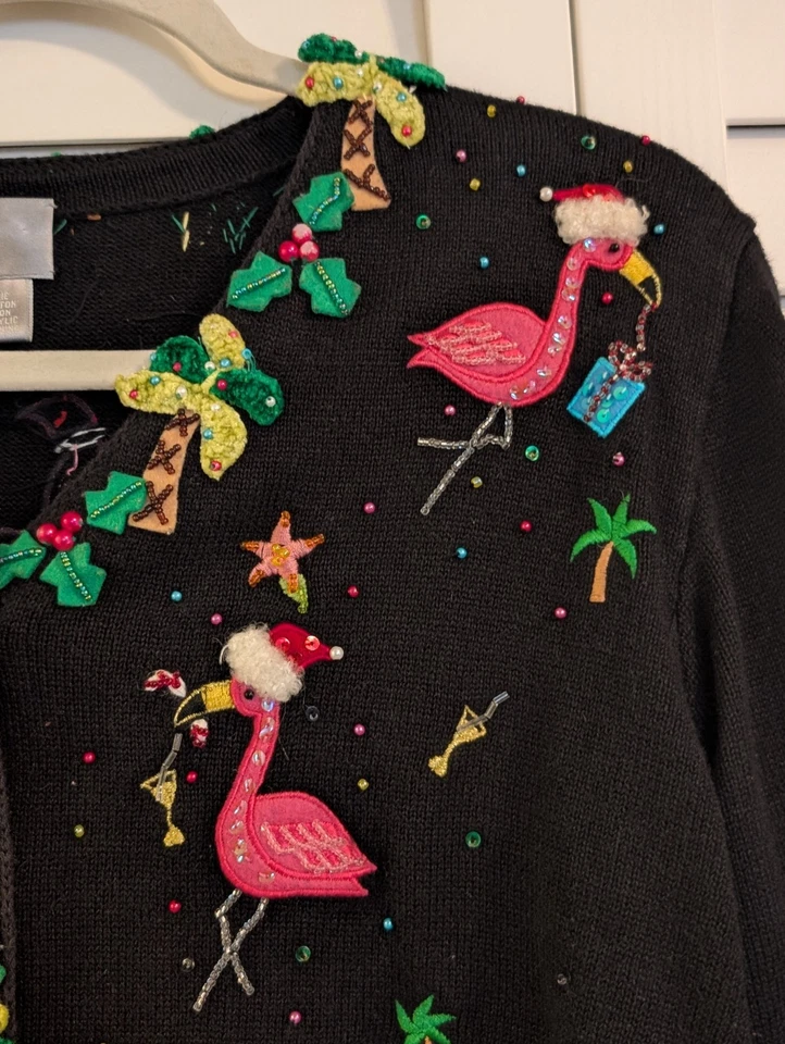 Vintage Berek Christmas Ugly Holiday Sweater Embroidered Beaded Flamingos - Image 4 of 4