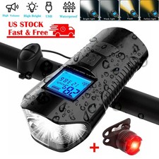 USB Rechargeable LED Bicycle Headlight Rear Tail Light Bike Speedometer Odometer