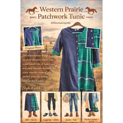 Karigari Western Prairie Patchwork Tunic Navy Green Plaid XXL Wooden Buttons