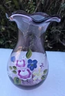 Fenton Art Glass Amethyst Lavender Vase HandPainted Floral Design Ruffled Rim 8"